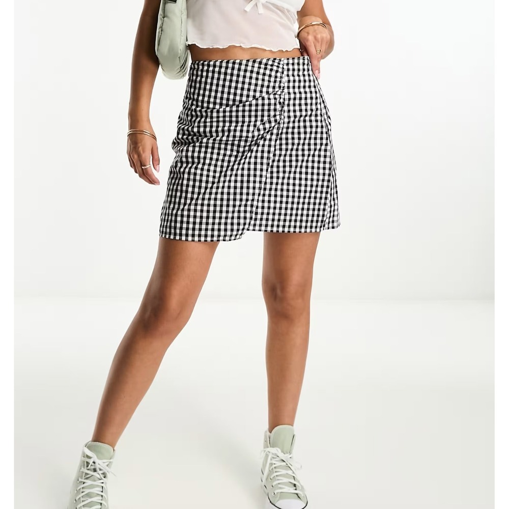 Hollister Mini Skirt XL Black White Gingham Ruched High Rise Preppy Cottage Chic